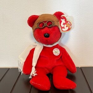 Ty Plush Red Bear with Brown Aviator Hat